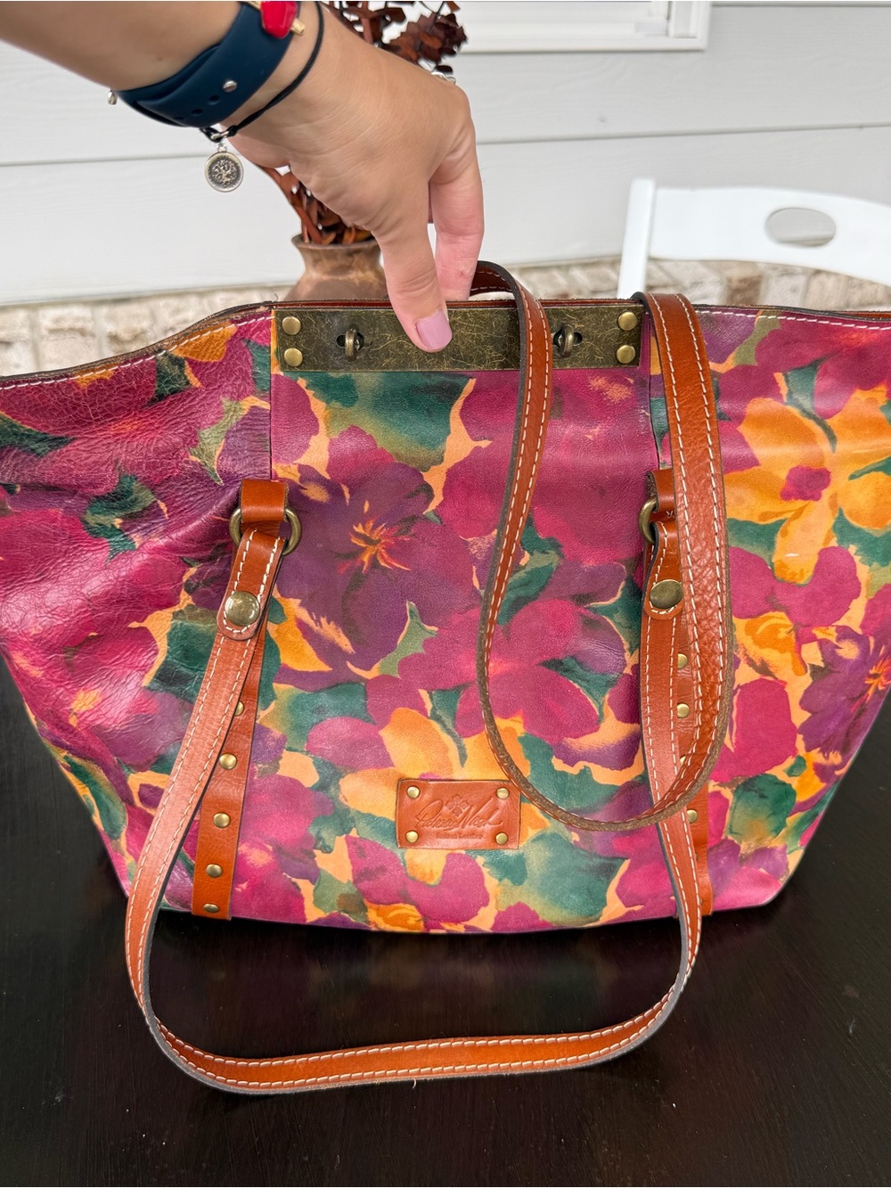 Patricia Nash Colorful Floral Leather Tote Bag with Brown Leather Straps